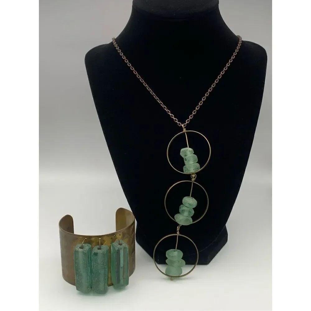 Womens Seaglass & Brass Lariat Necklace with Cuff Bracelet Set